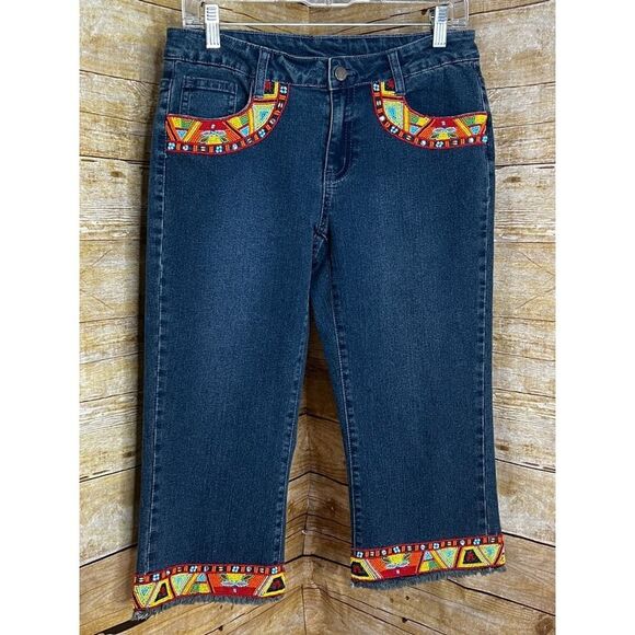 A.Z.I NWT ARTSIE BRIGHT BEADED COLORFUL RAW HEM WIDE LEG BOUTIQUE CAPRI JEANS - Picture 1 of 6